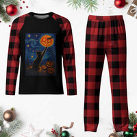 Black Cat Halloween Plaid Pajama Set Starry Night Van Gogh - Wonder Print Shop
