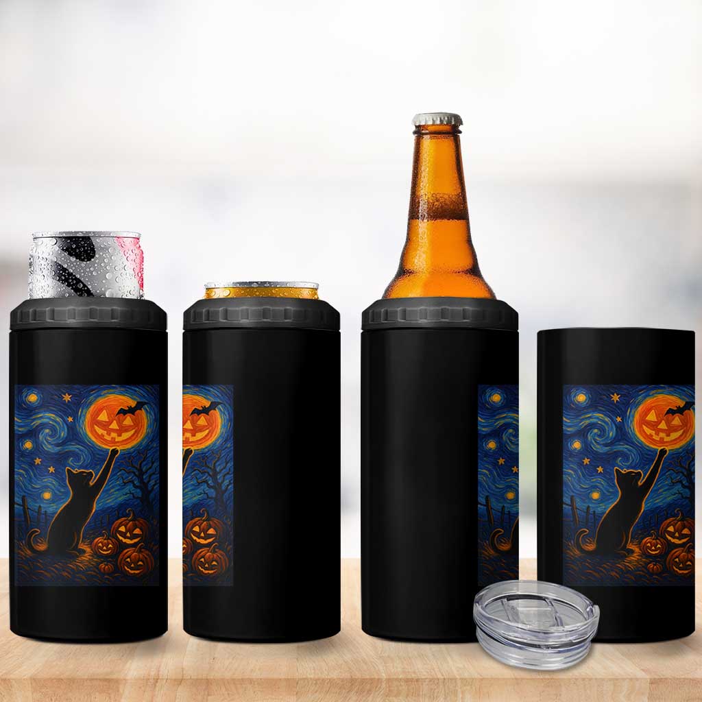 Black Cat Halloween 4 in 1 Can Cooler Tumbler Starry Night Van Gogh
