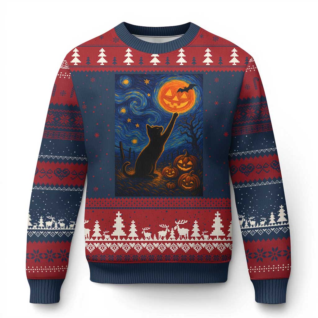 Black Cat Halloween Ugly Christmas Sweater Starry Night Van Gogh - Wonder Print Shop