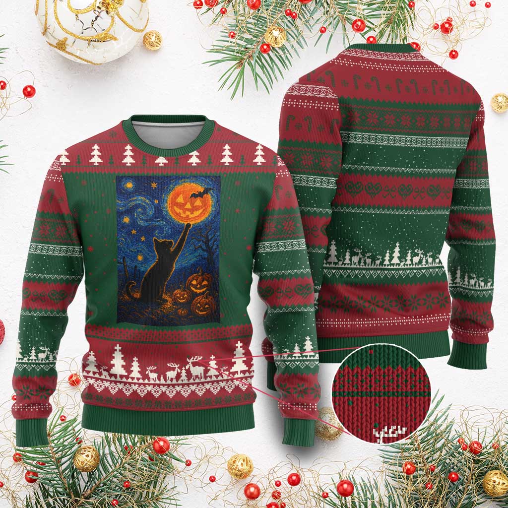 Black Cat Halloween Ugly Christmas Sweater Starry Night Van Gogh - Wonder Print Shop