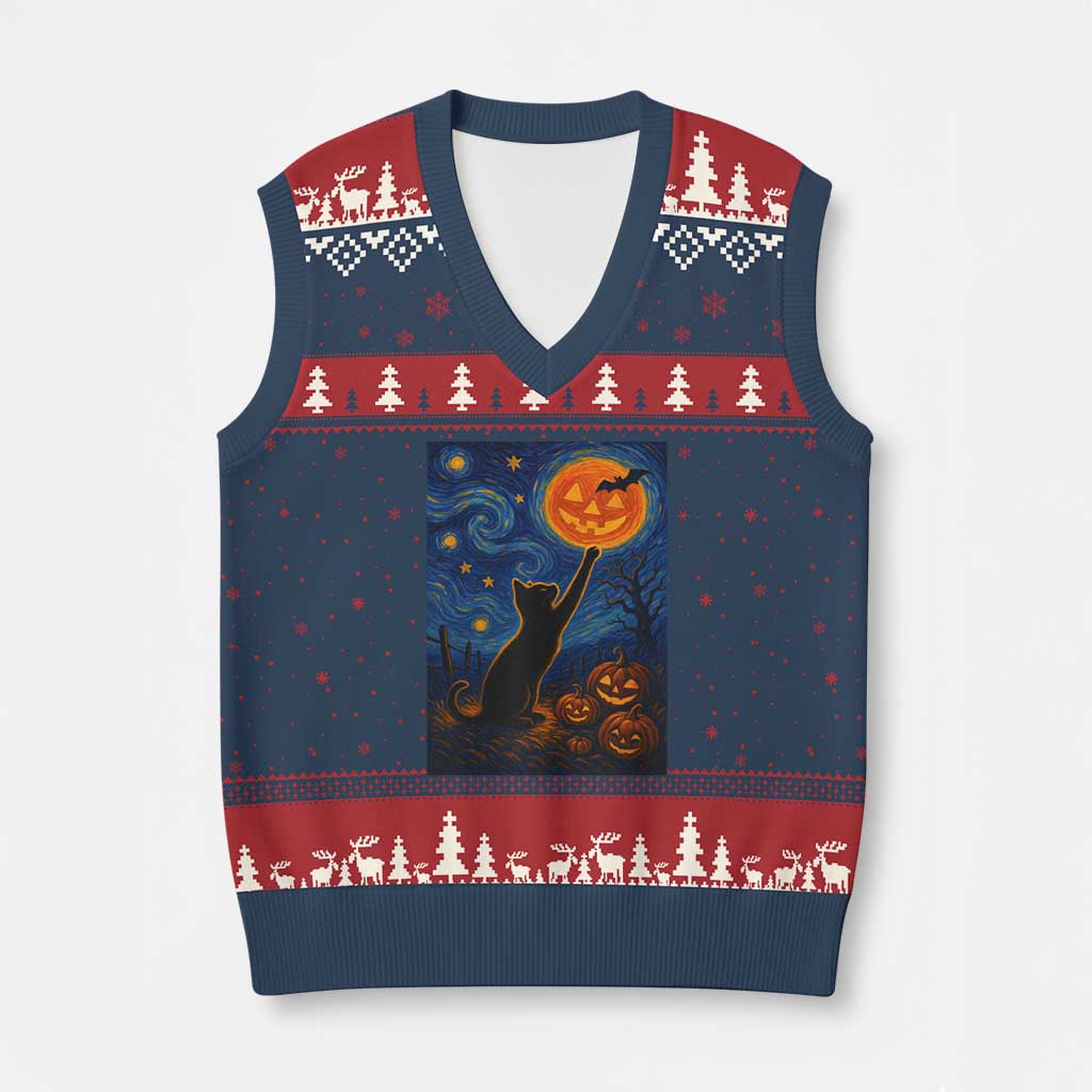 Black Cat Halloween V-Neck Knit Sweater Vest Starry Night Van Gogh - Wonder Print Shop