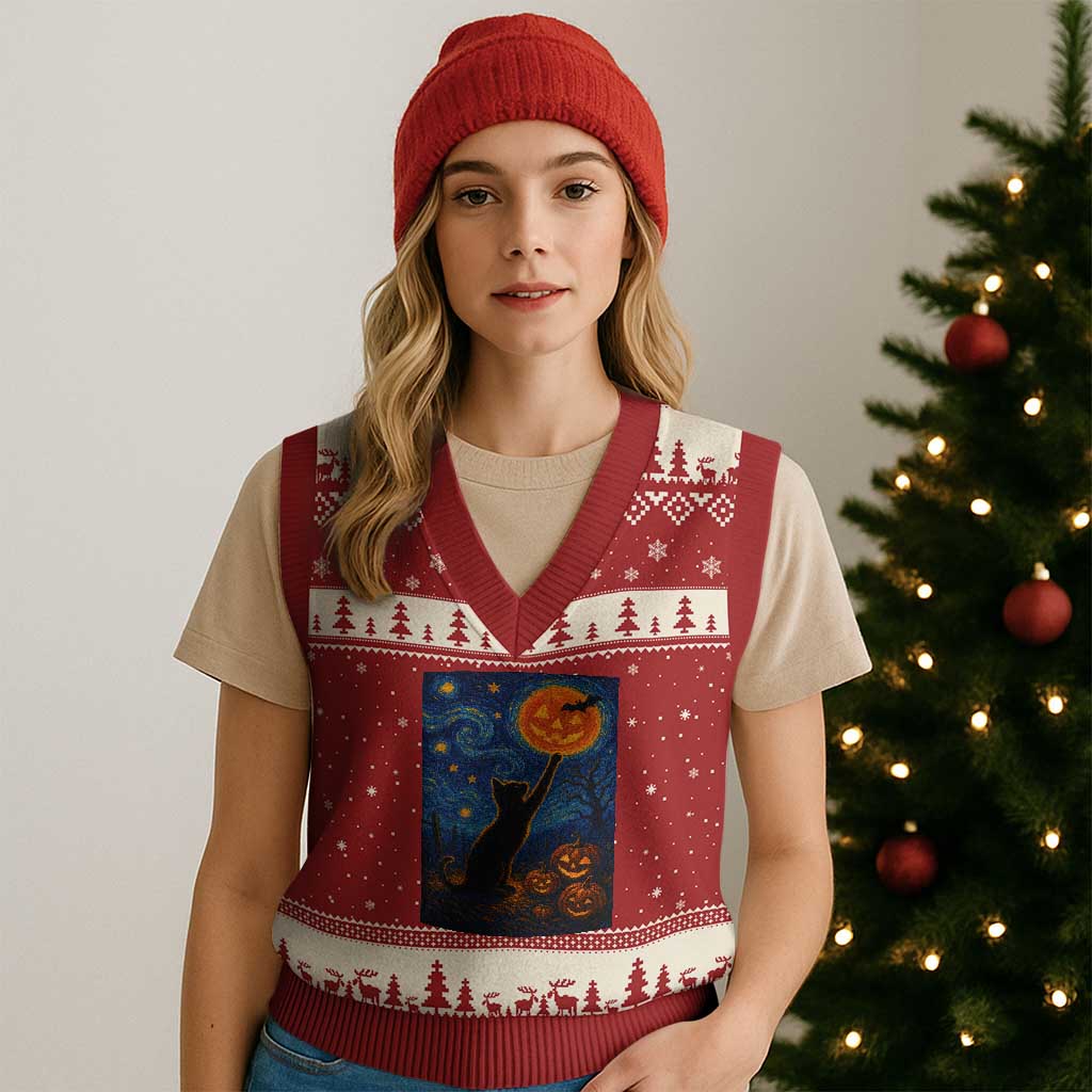 Black Cat Halloween V-Neck Knit Sweater Vest Starry Night Van Gogh - Wonder Print Shop