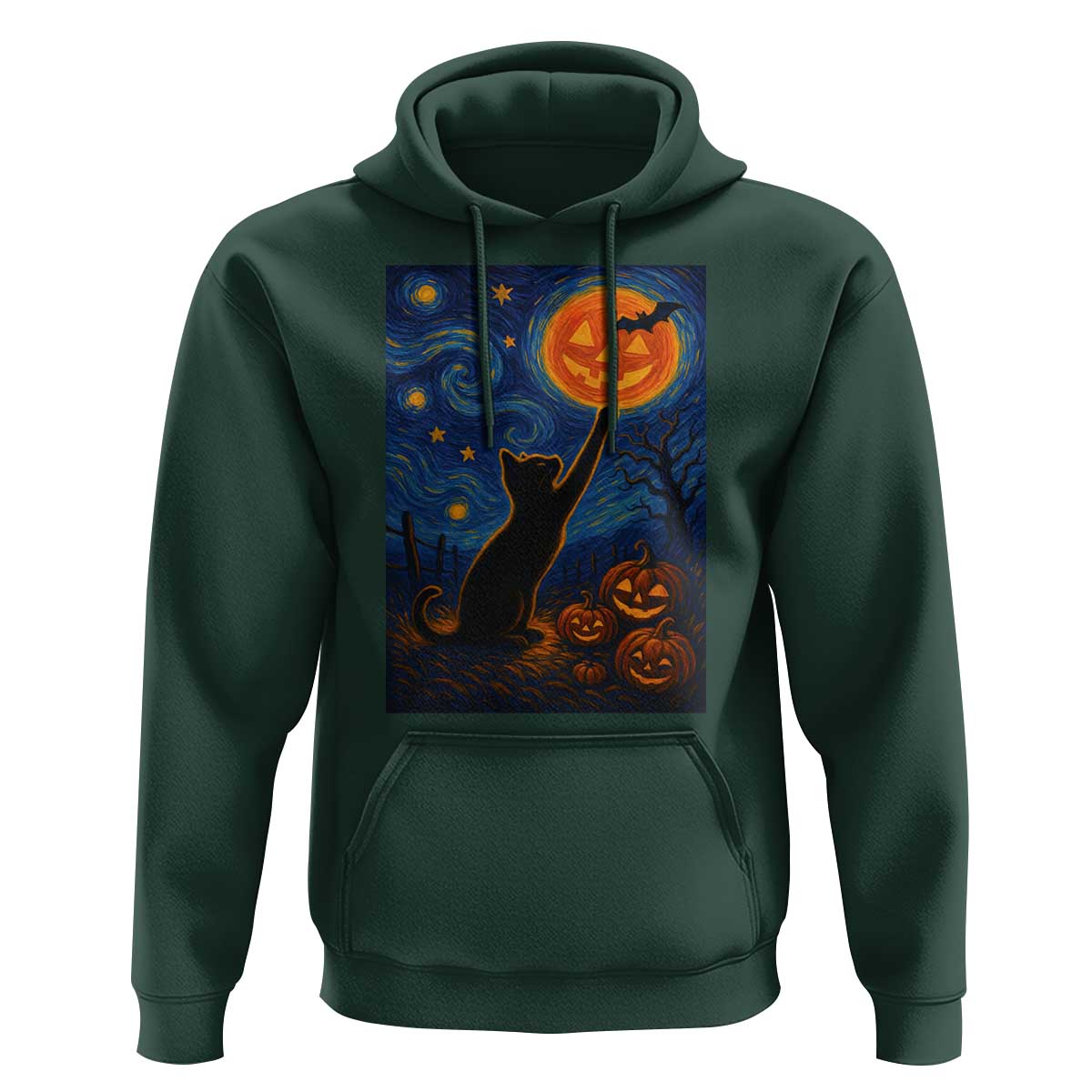 Black Cat Halloween Hoodie Starry Night Van Gogh - Wonder Print Shop