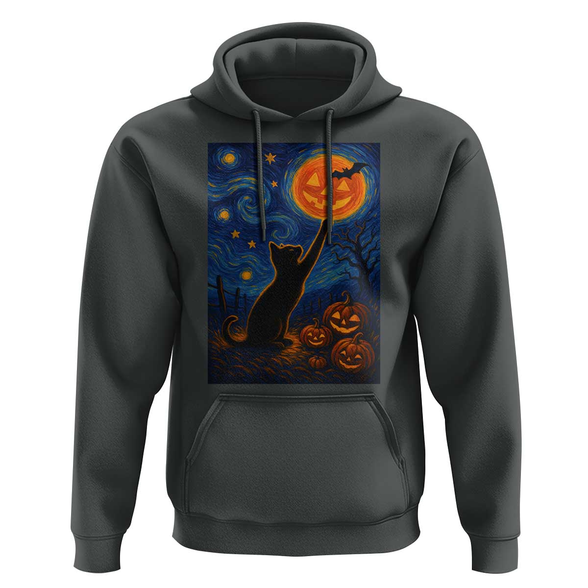 Black Cat Halloween Hoodie Starry Night Van Gogh - Wonder Print Shop