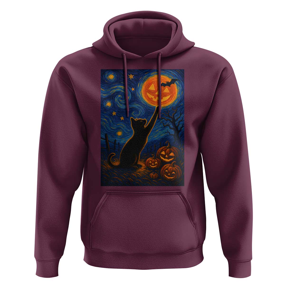 Black Cat Halloween Hoodie Starry Night Van Gogh - Wonder Print Shop