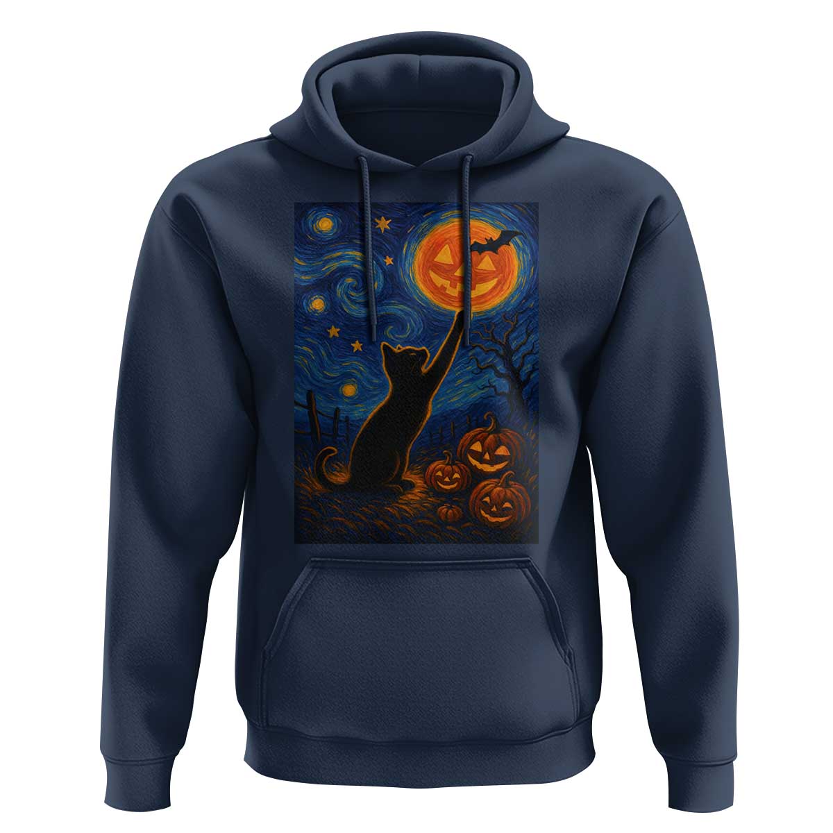 Black Cat Halloween Hoodie Starry Night Van Gogh - Wonder Print Shop