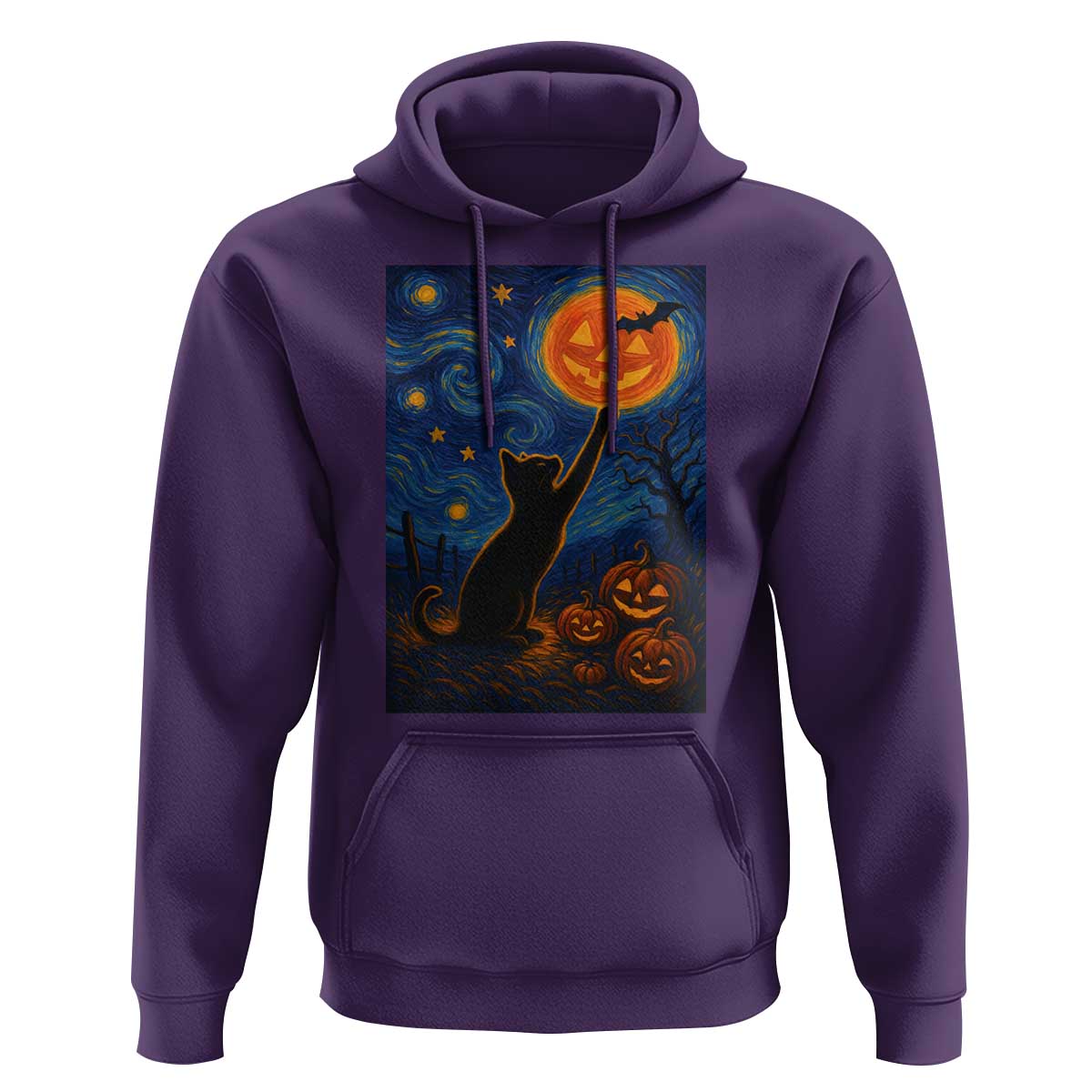 Black Cat Halloween Hoodie Starry Night Van Gogh - Wonder Print Shop
