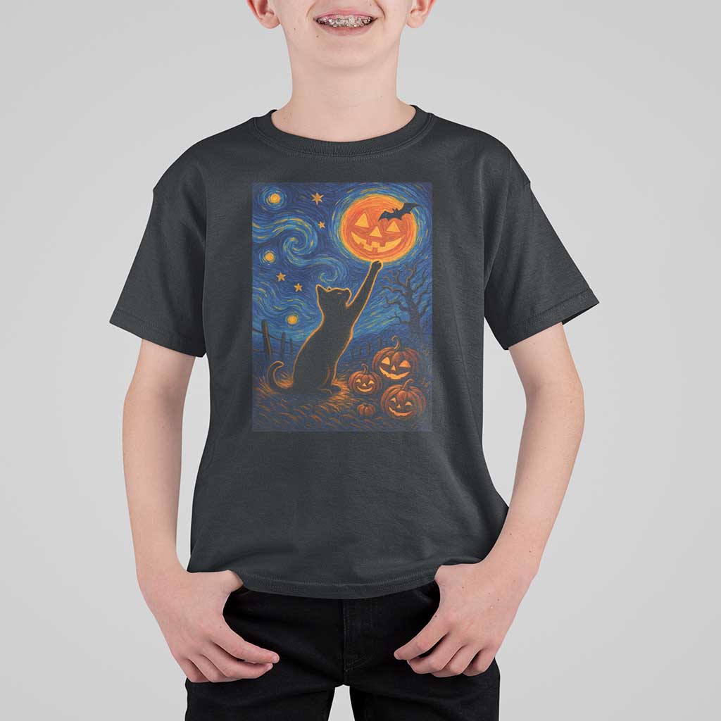 Black Cat Halloween T Shirt For Kid Starry Night Van Gogh - Wonder Print Shop