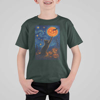 Black Cat Halloween T Shirt For Kid Starry Night Van Gogh - Wonder Print Shop