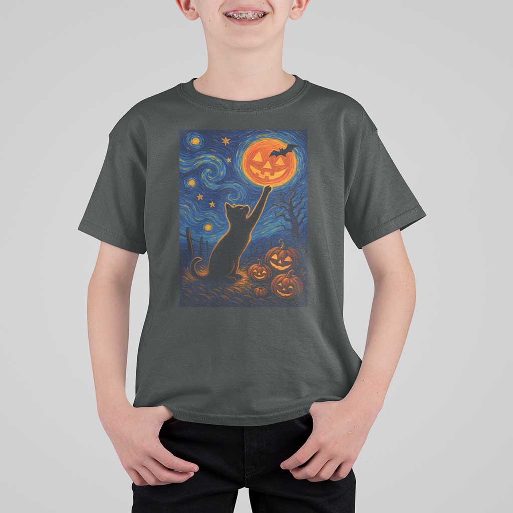 Black Cat Halloween T Shirt For Kid Starry Night Van Gogh - Wonder Print Shop