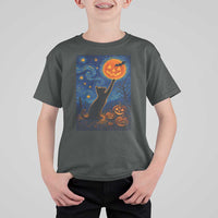 Black Cat Halloween T Shirt For Kid Starry Night Van Gogh - Wonder Print Shop
