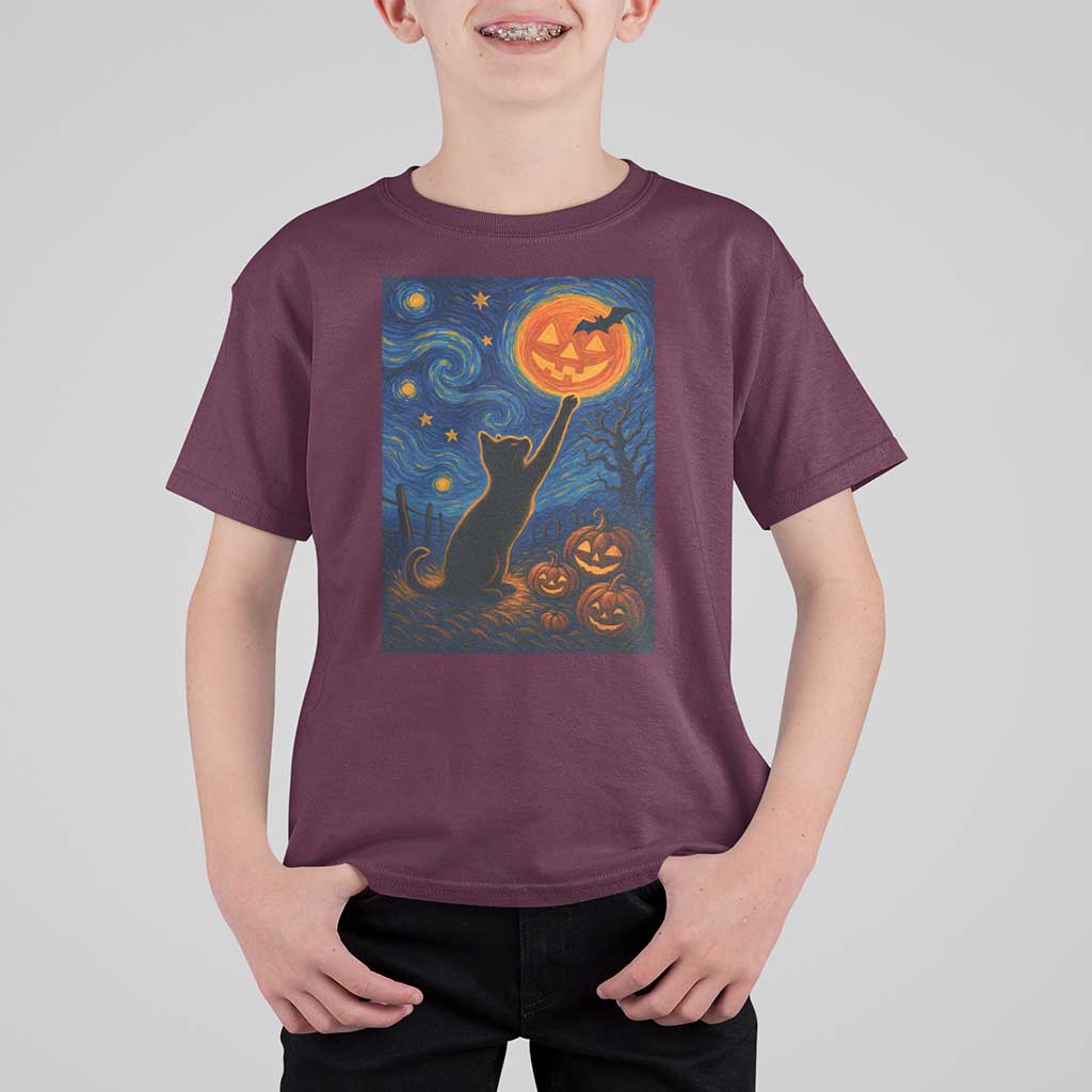 Black Cat Halloween T Shirt For Kid Starry Night Van Gogh - Wonder Print Shop