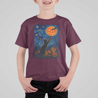 Black Cat Halloween T Shirt For Kid Starry Night Van Gogh - Wonder Print Shop