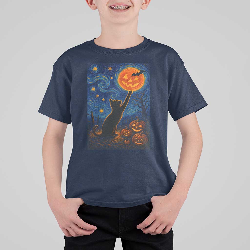 Black Cat Halloween T Shirt For Kid Starry Night Van Gogh - Wonder Print Shop