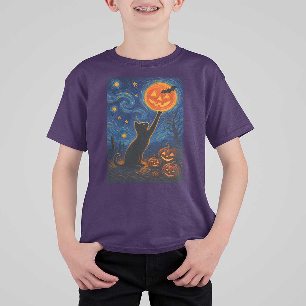 Black Cat Halloween T Shirt For Kid Starry Night Van Gogh - Wonder Print Shop