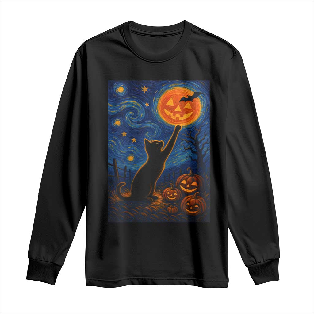 Black Cat Halloween Long Sleeve Shirt Starry Night Van Gogh - Wonder Print Shop
