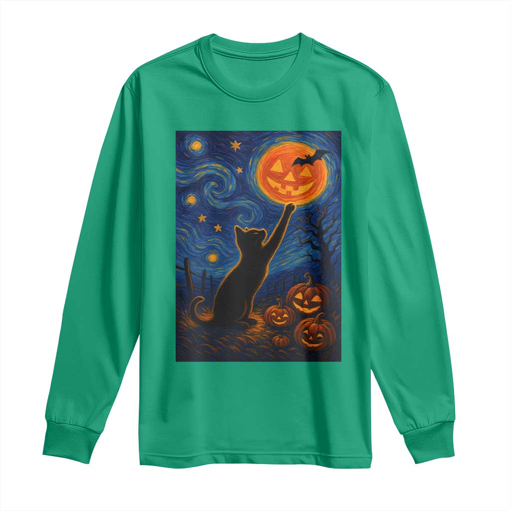 Black Cat Halloween Long Sleeve Shirt Starry Night Van Gogh - Wonder Print Shop