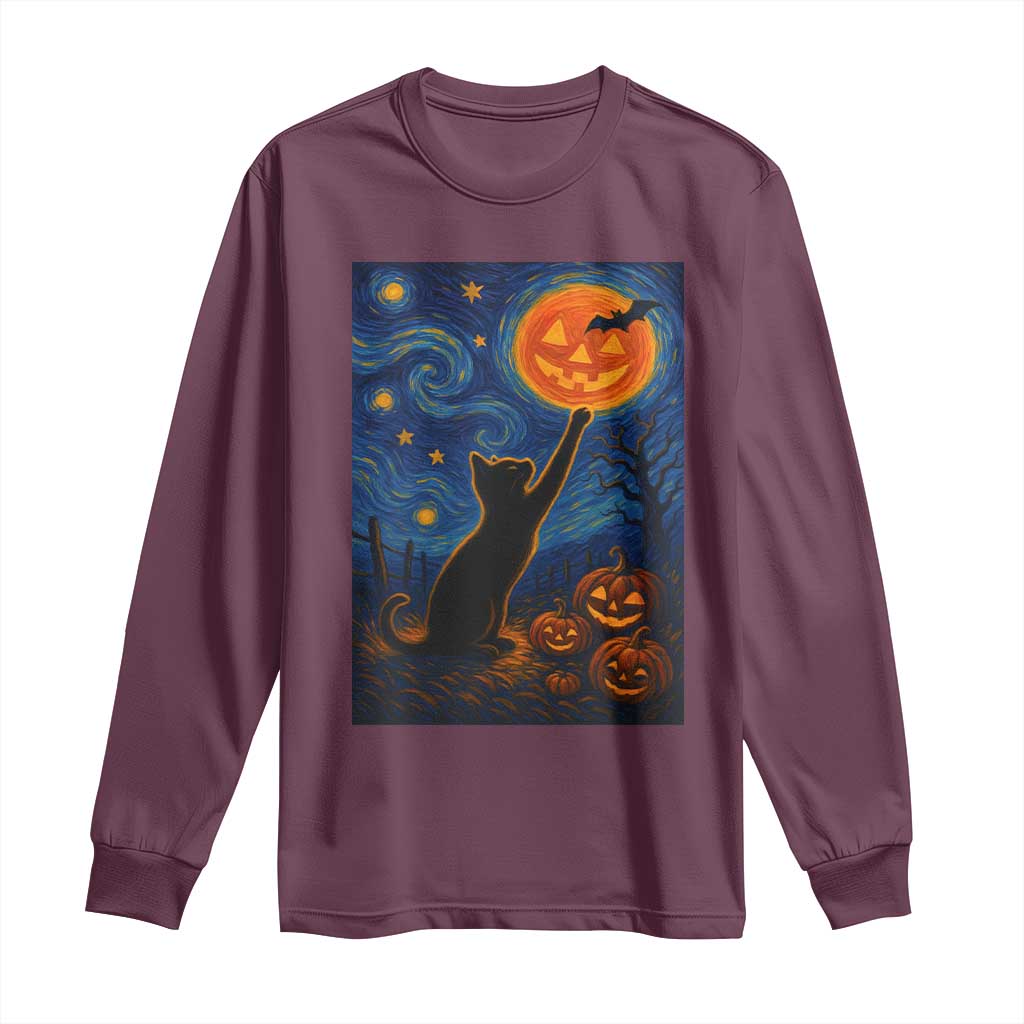 Black Cat Halloween Long Sleeve Shirt Starry Night Van Gogh - Wonder Print Shop