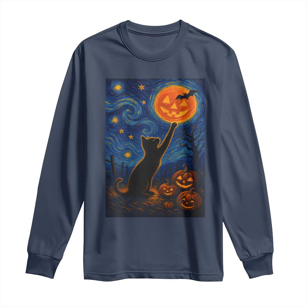 Black Cat Halloween Long Sleeve Shirt Starry Night Van Gogh - Wonder Print Shop
