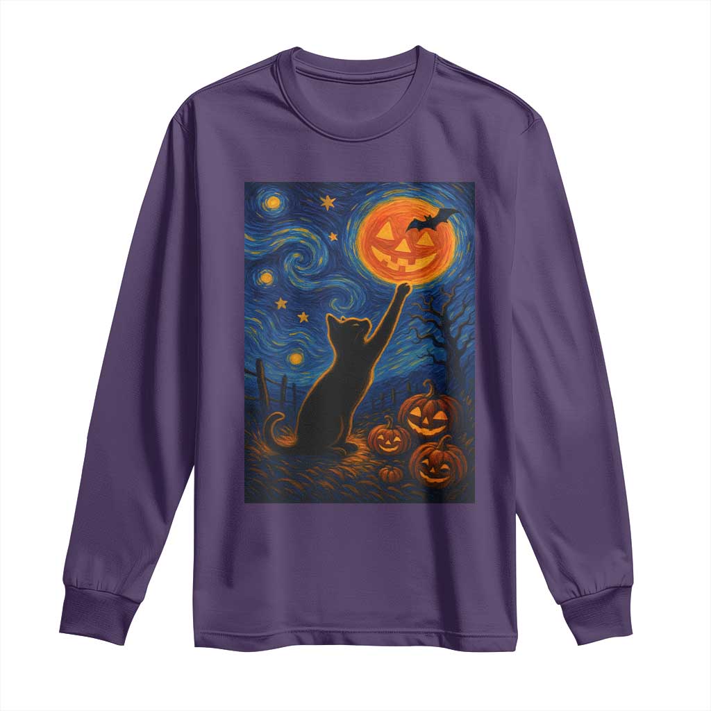 Black Cat Halloween Long Sleeve Shirt Starry Night Van Gogh - Wonder Print Shop