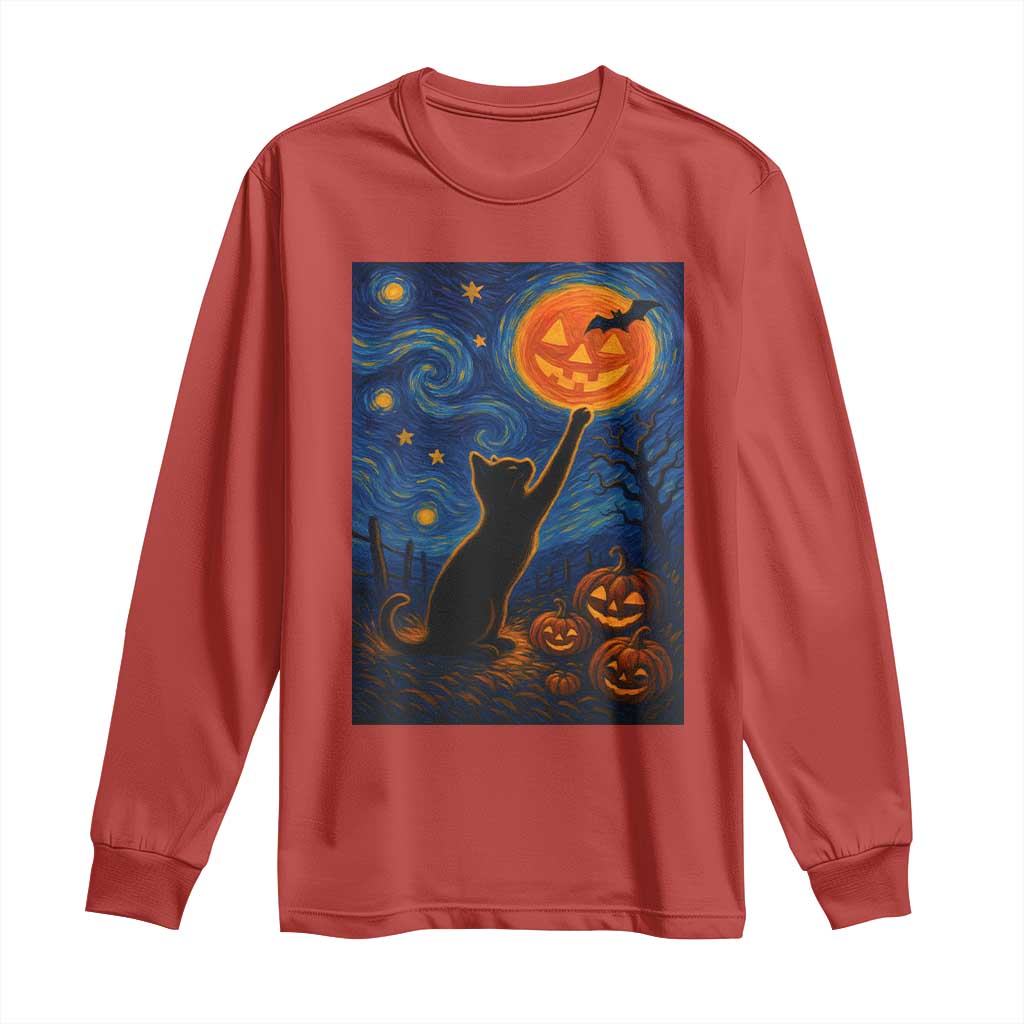 Black Cat Halloween Long Sleeve Shirt Starry Night Van Gogh - Wonder Print Shop