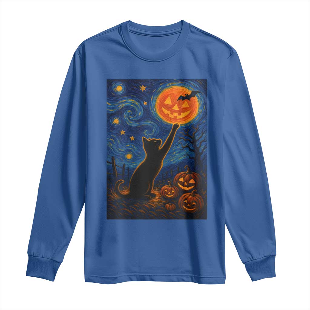 Black Cat Halloween Long Sleeve Shirt Starry Night Van Gogh - Wonder Print Shop