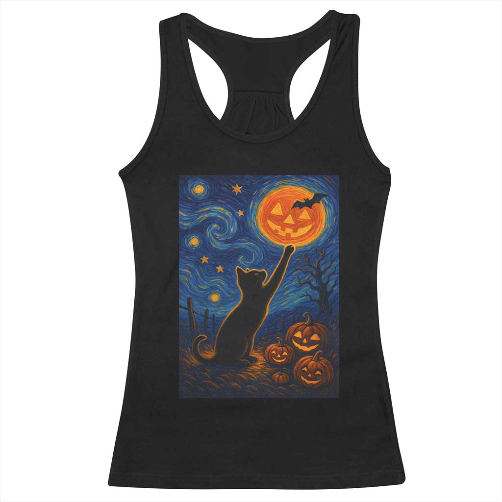 Black Cat Halloween Racerback Tank Top Starry Night Van Gogh - Wonder Print Shop
