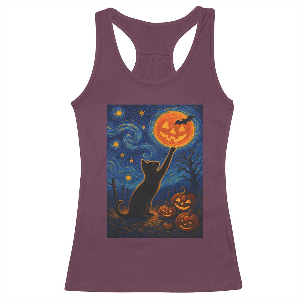 Black Cat Halloween Racerback Tank Top Starry Night Van Gogh - Wonder Print Shop