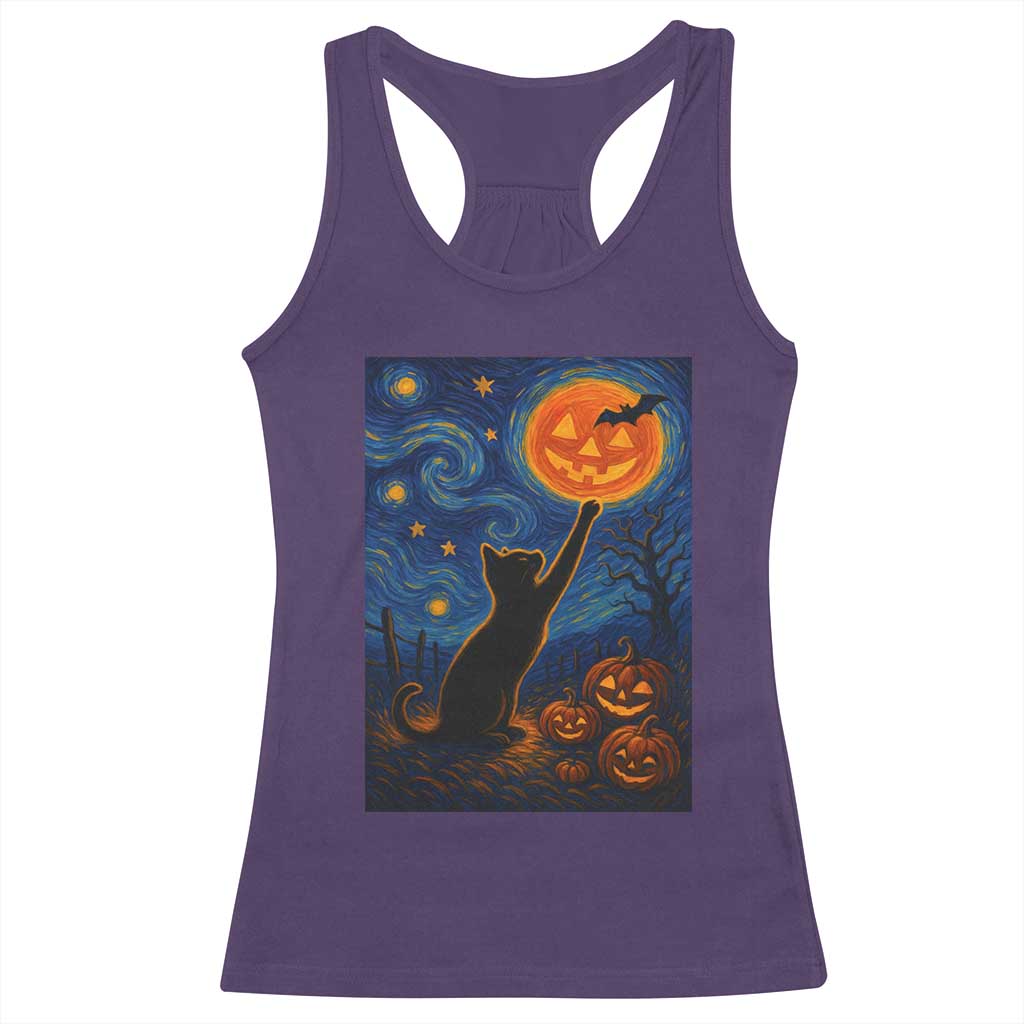 Black Cat Halloween Racerback Tank Top Starry Night Van Gogh - Wonder Print Shop