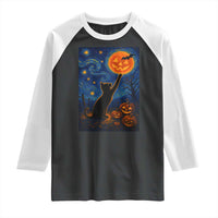 Black Cat Halloween Raglan Shirt Starry Night Van Gogh - Wonder Print Shop