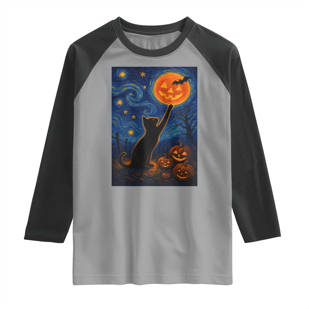 Black Cat Halloween Raglan Shirt Starry Night Van Gogh - Wonder Print Shop