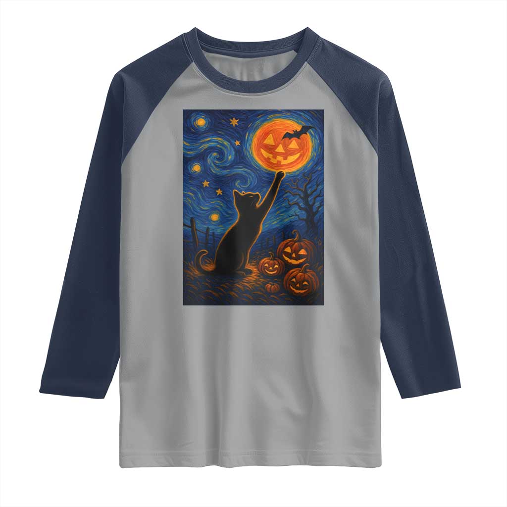 Black Cat Halloween Raglan Shirt Starry Night Van Gogh - Wonder Print Shop
