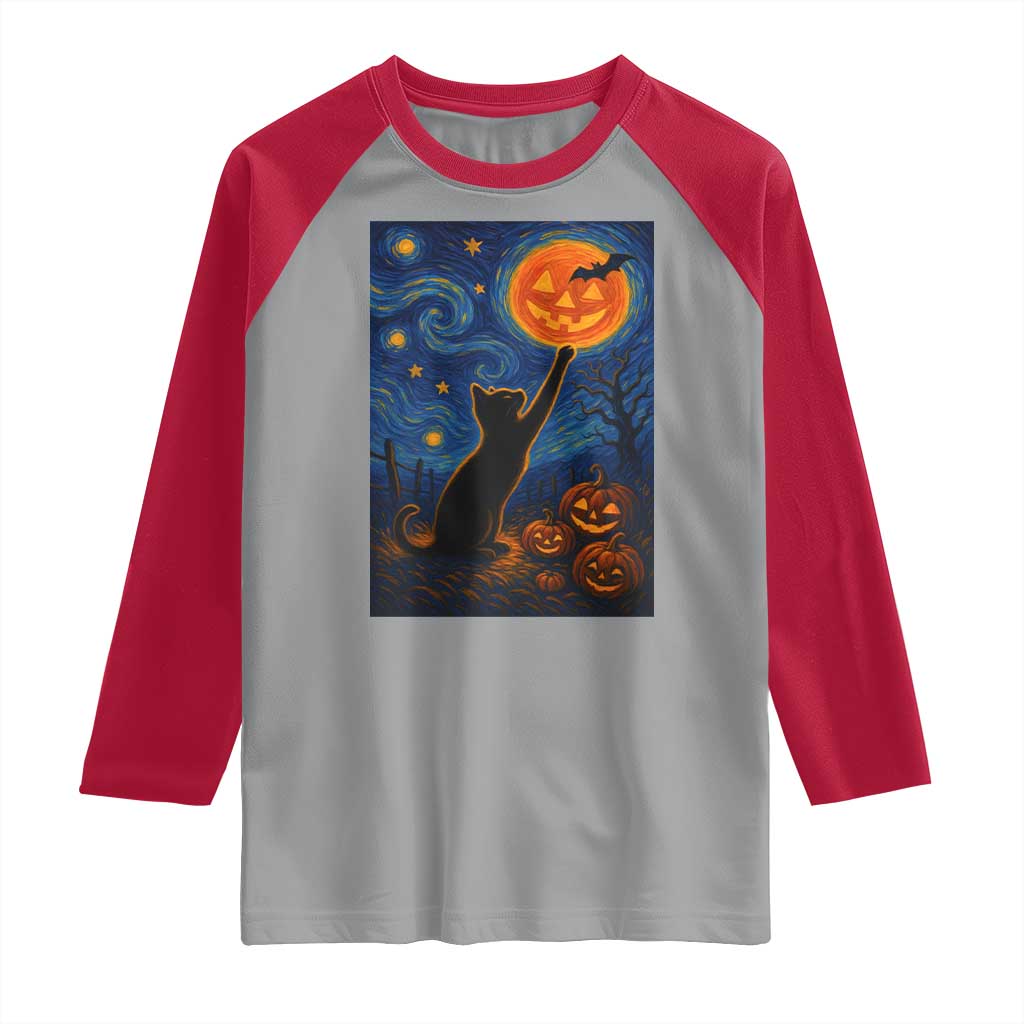Black Cat Halloween Raglan Shirt Starry Night Van Gogh - Wonder Print Shop