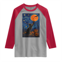 Black Cat Halloween Raglan Shirt Starry Night Van Gogh - Wonder Print Shop