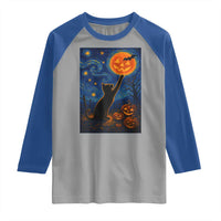Black Cat Halloween Raglan Shirt Starry Night Van Gogh - Wonder Print Shop