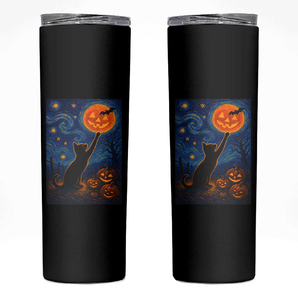 Black Cat Halloween Skinny Tumbler Starry Night Van Gogh