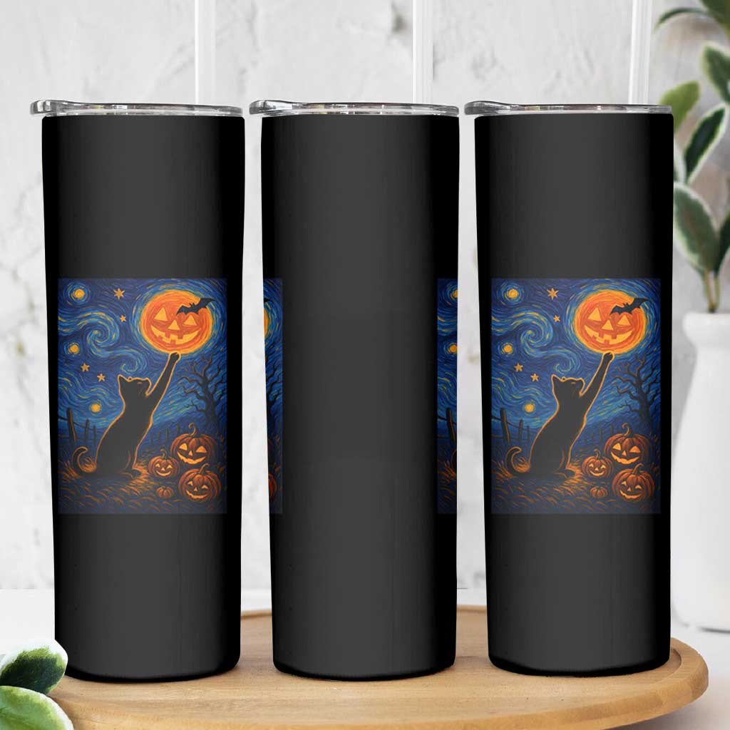 Black Cat Halloween Skinny Tumbler Starry Night Van Gogh