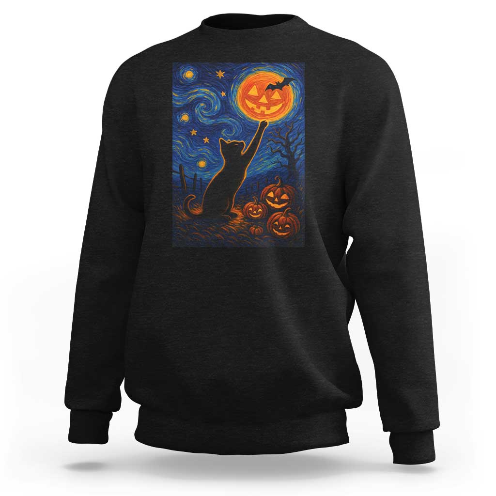 Black Cat Halloween Sweatshirt Starry Night Van Gogh - Wonder Print Shop