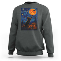 Black Cat Halloween Sweatshirt Starry Night Van Gogh - Wonder Print Shop
