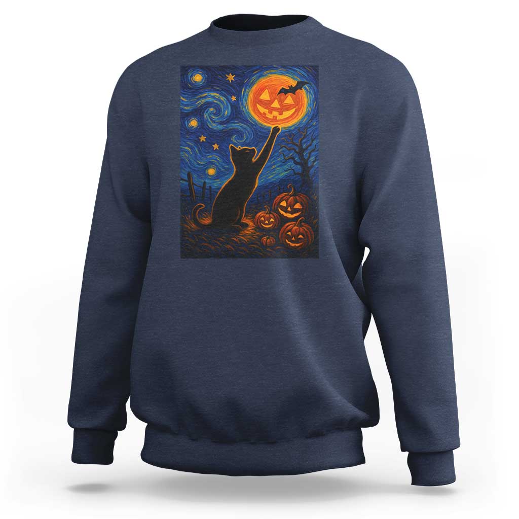 Black Cat Halloween Sweatshirt Starry Night Van Gogh - Wonder Print Shop