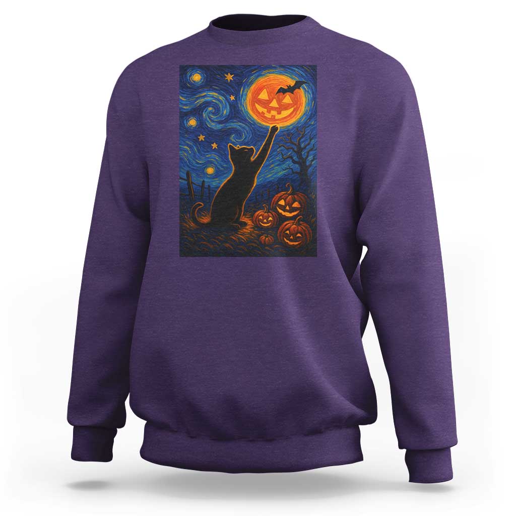 Black Cat Halloween Sweatshirt Starry Night Van Gogh - Wonder Print Shop