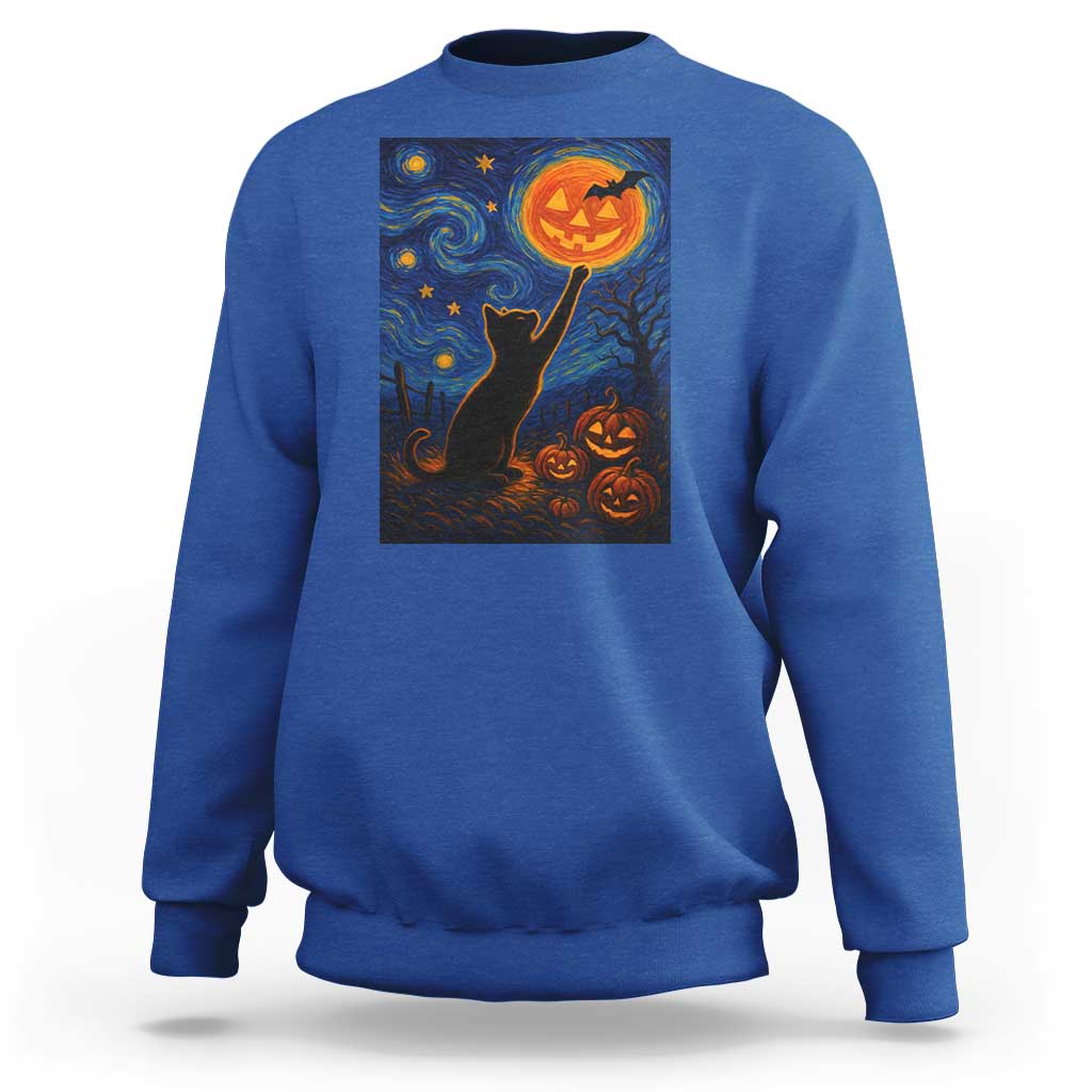 Black Cat Halloween Sweatshirt Starry Night Van Gogh - Wonder Print Shop
