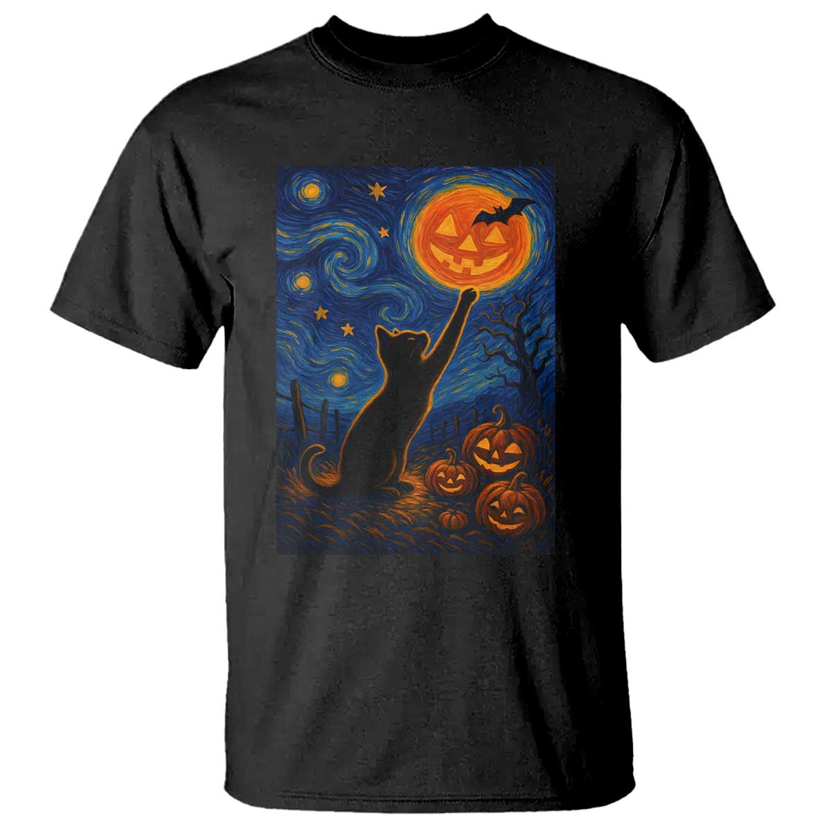 Black Cat Halloween T Shirt Starry Night Van Gogh - Wonder Print Shop