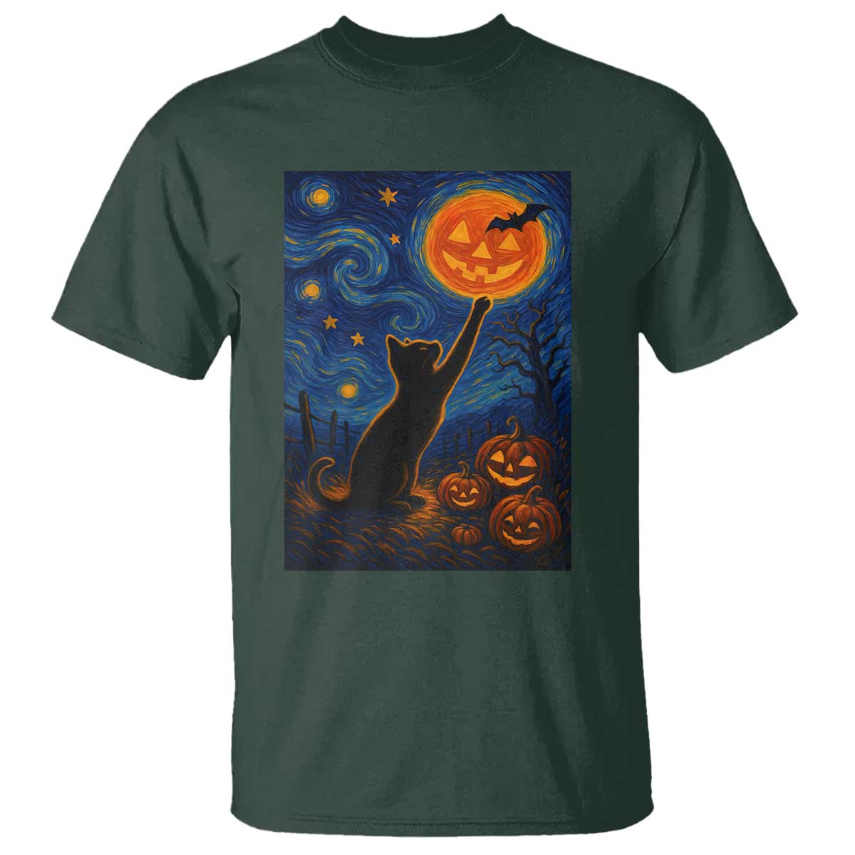 Black Cat Halloween T Shirt Starry Night Van Gogh - Wonder Print Shop