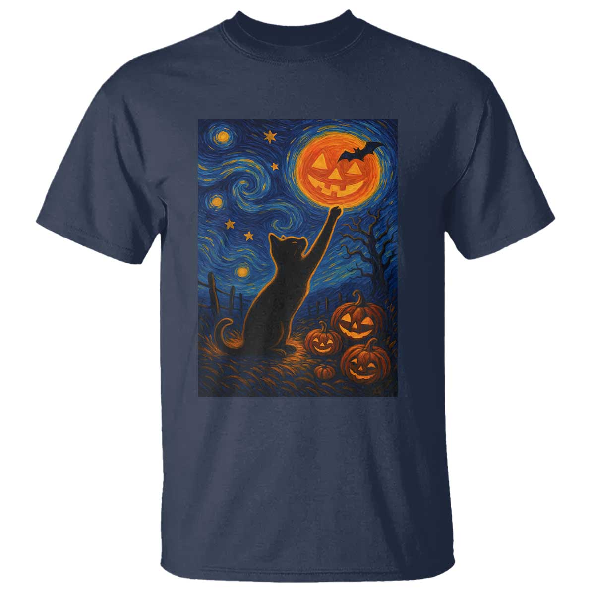 Black Cat Halloween T Shirt Starry Night Van Gogh - Wonder Print Shop
