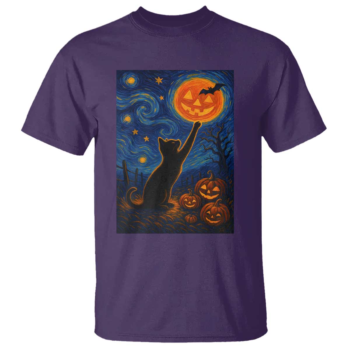 Black Cat Halloween T Shirt Starry Night Van Gogh - Wonder Print Shop