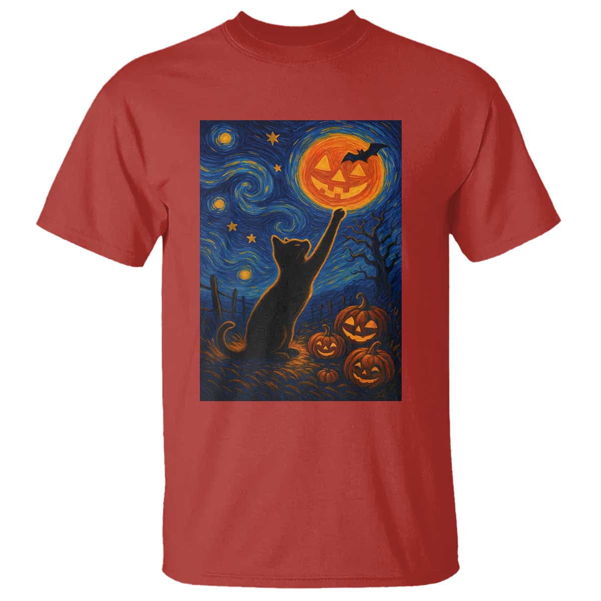 Black Cat Halloween T Shirt Starry Night Van Gogh - Wonder Print Shop