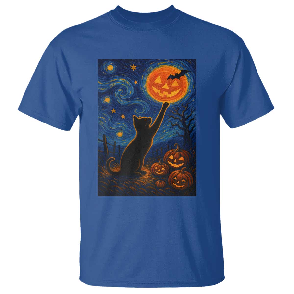 Black Cat Halloween T Shirt Starry Night Van Gogh - Wonder Print Shop