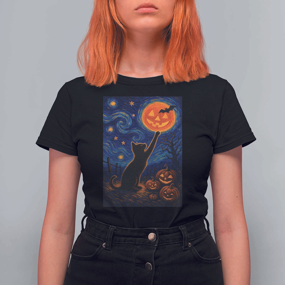 Black Cat Halloween T Shirt For Women Starry Night Van Gogh - Wonder Print Shop