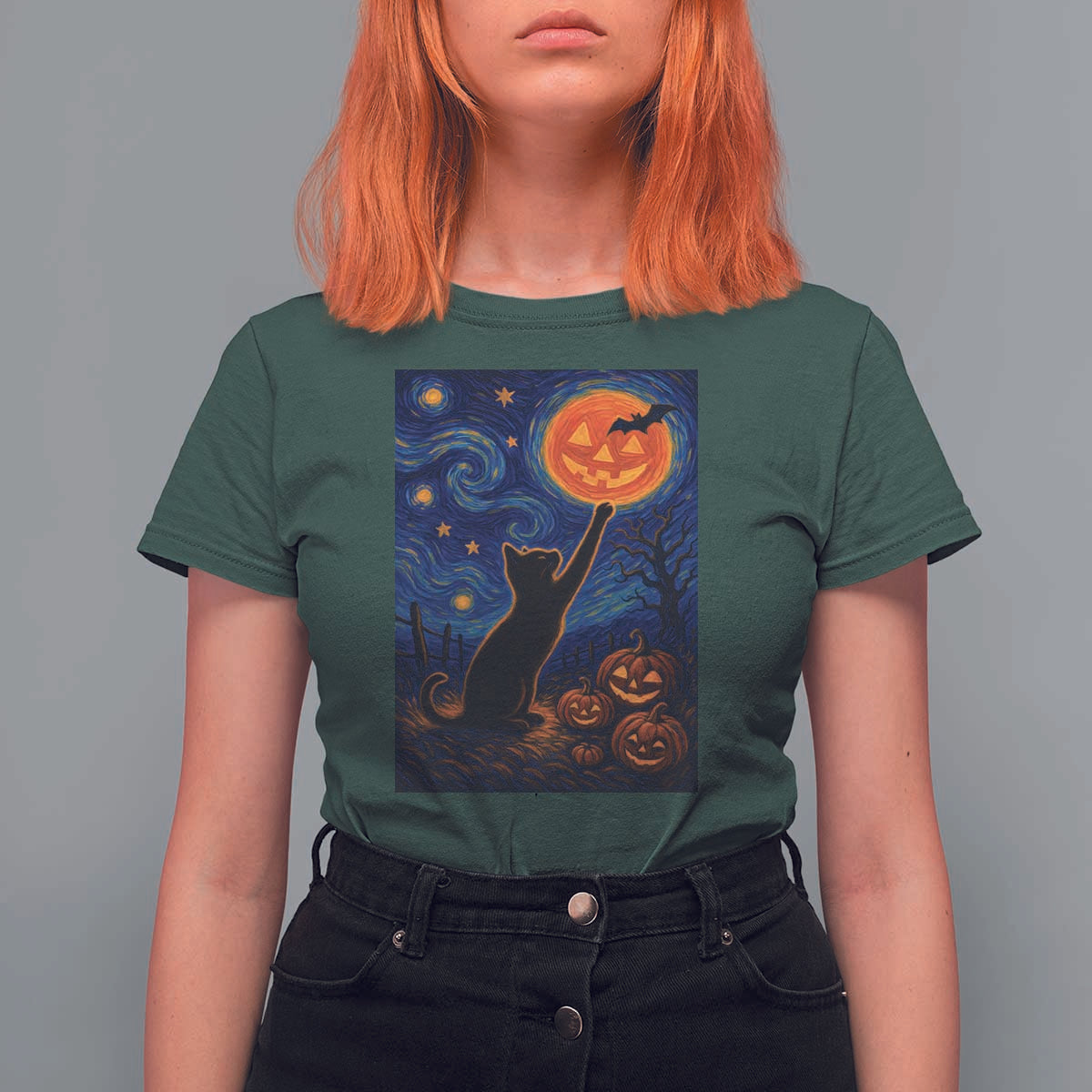 Black Cat Halloween T Shirt For Women Starry Night Van Gogh - Wonder Print Shop